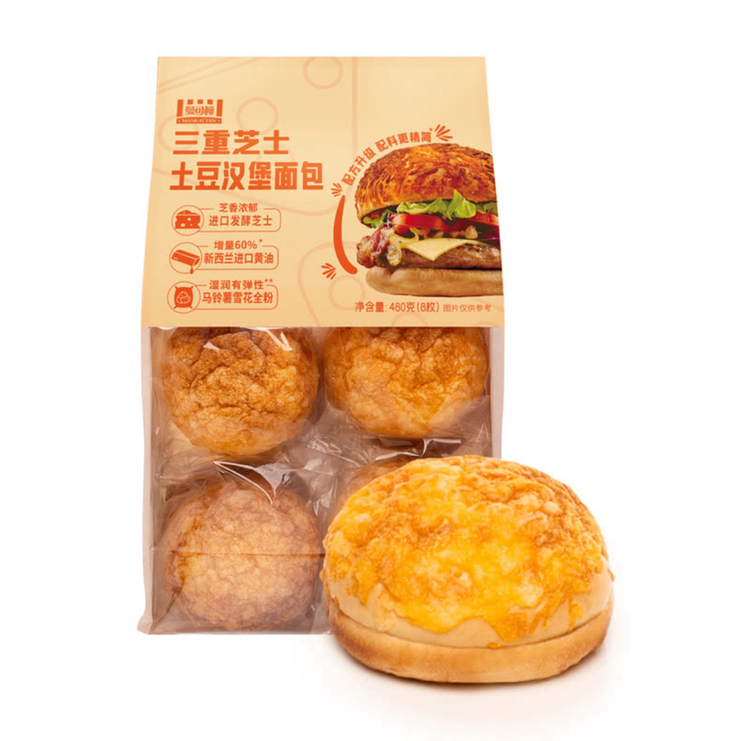 【会员商店】曼可顿 三重芝士土豆汉堡面包汉堡胚 480g