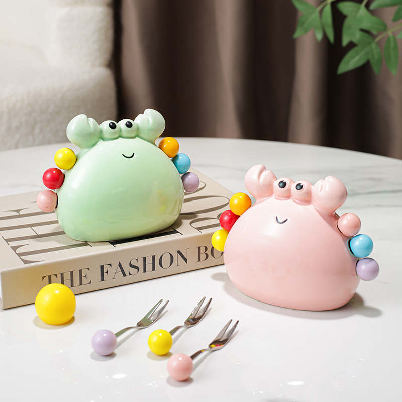 创意可爱螃蟹水果叉套装家用桌面摆件不锈钢果叉水果签陶瓷收纳罐