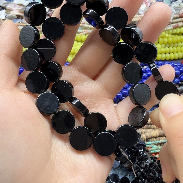 水晶珠宝半成品未镶嵌12m黑玛圆饼一条