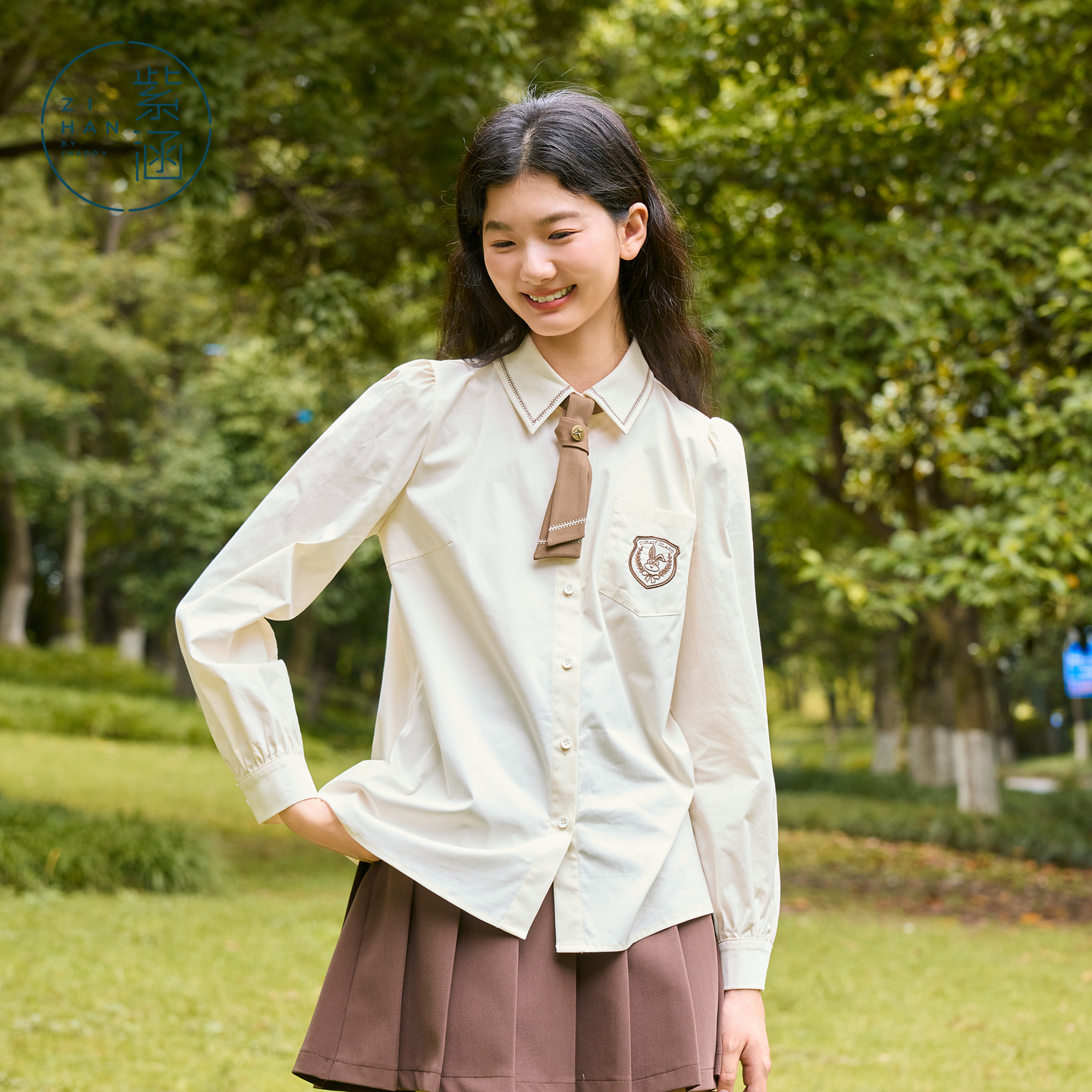 紫涵学院风长袖衬衫女2025秋季新款刺绣胸章领带衬衣Z5Z06AN203