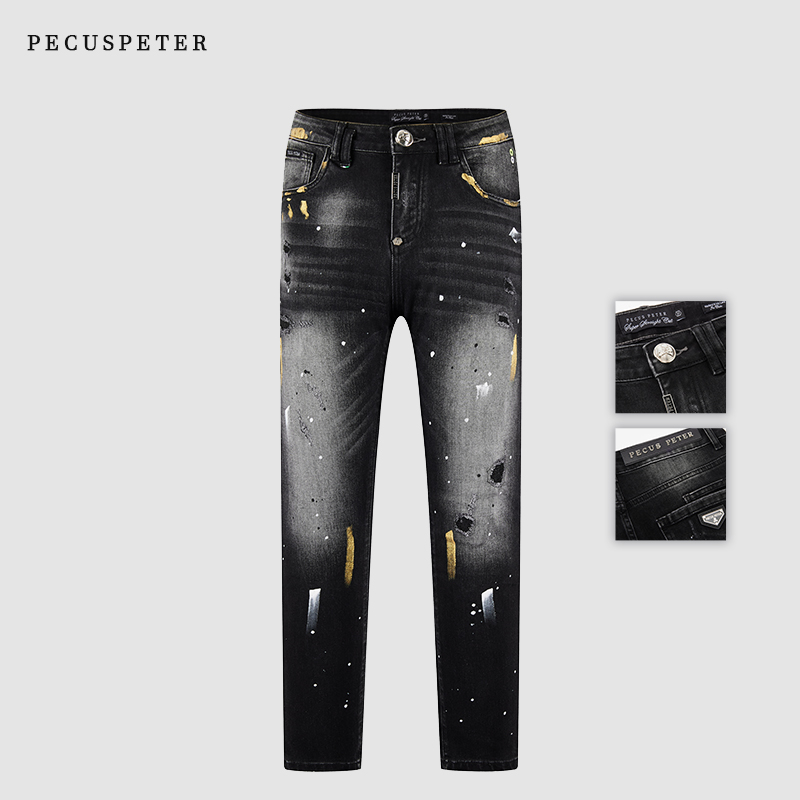 Pecus Peter2025秋冬款PP黑色潮流泼墨微弹舒适修身牛仔裤