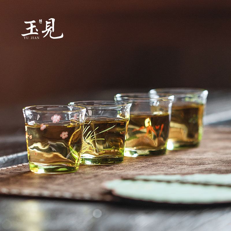 玉见高品质手绘款清韵茶杯(4只装)-耐热防烫