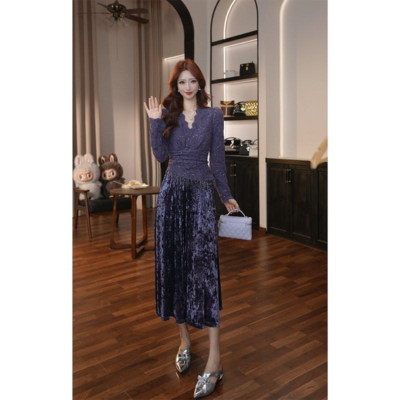 【滋滋定制】秋冬新款气质时尚拼接蕾丝纯色V领高腰简约连衣裙22041
