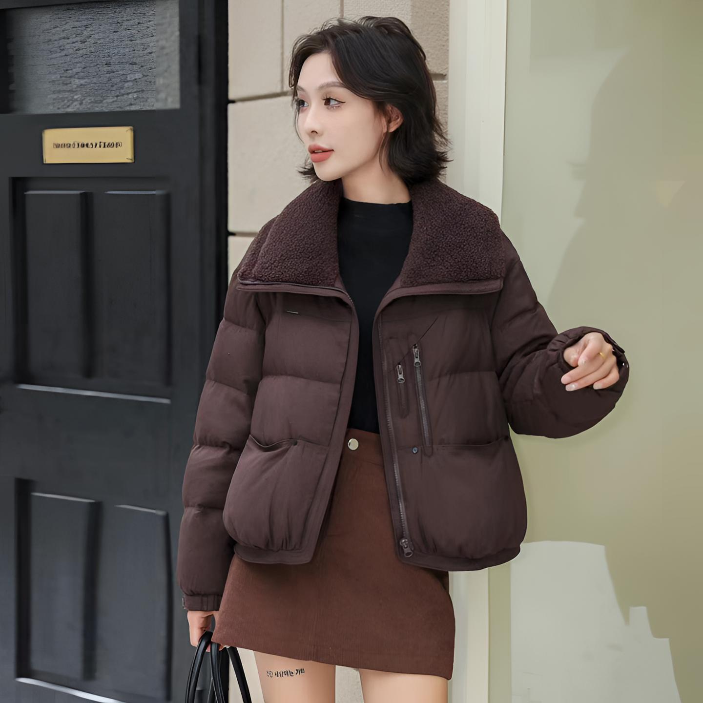 【衣佳精品】冬季新款韩版时尚洋气毛毛翻领小个子短款保暖羽绒服