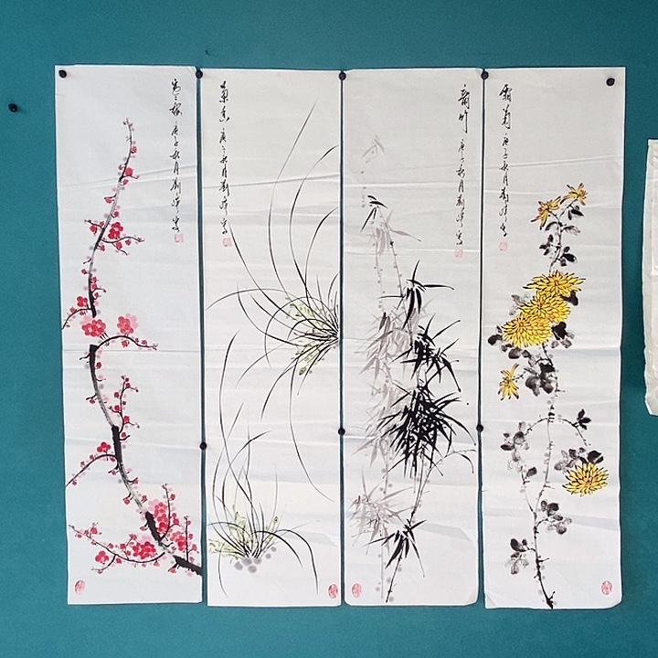 国画四尺对开手绘花鸟四条屏