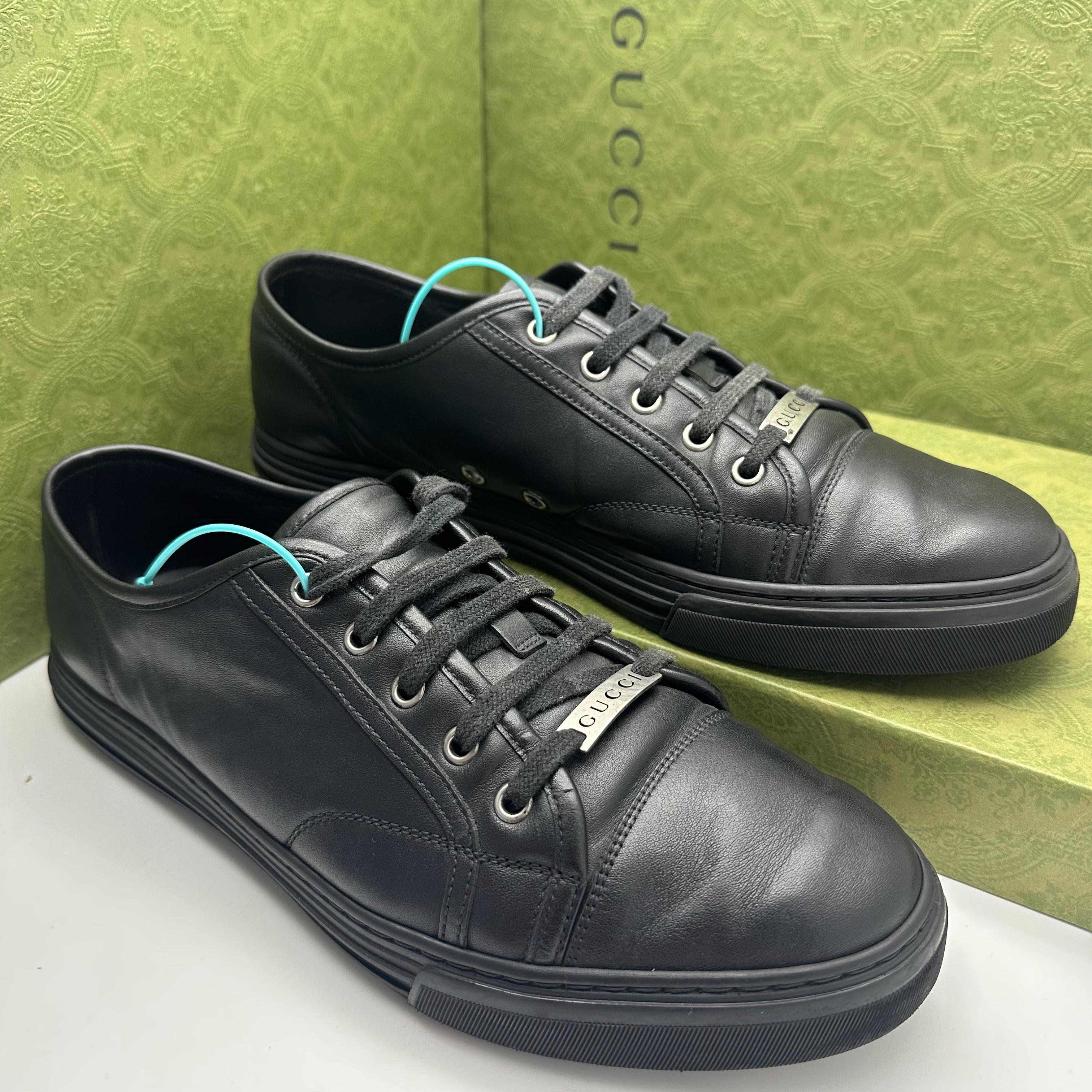 95新 GUCCI/古驰 43欧码/黑色皮革简约银标低帮休闲板鞋舒适男款