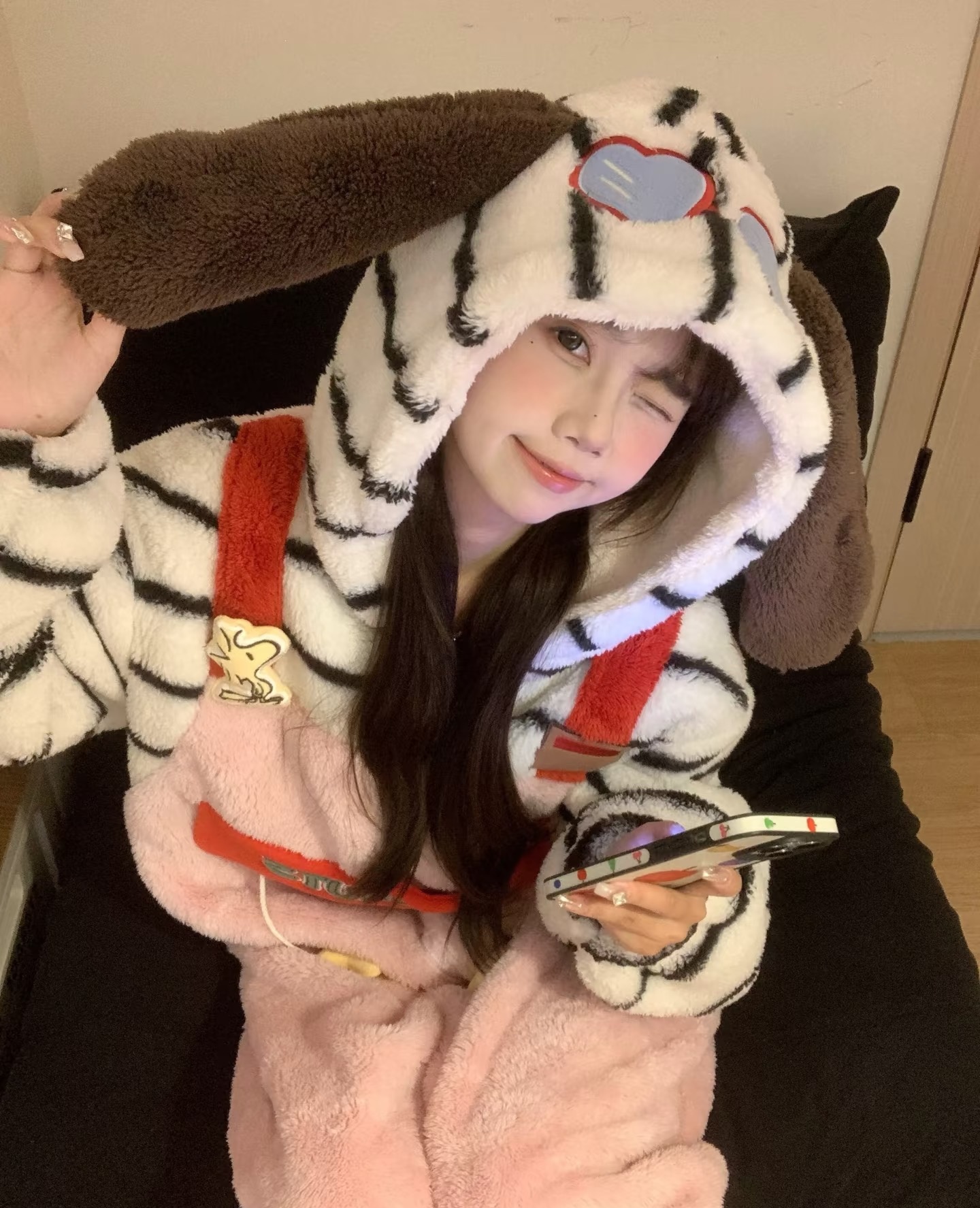 甜美史努比耳朵珊瑚绒睡衣女秋冬季保暖居家休闲宽松舒适连体睡衣