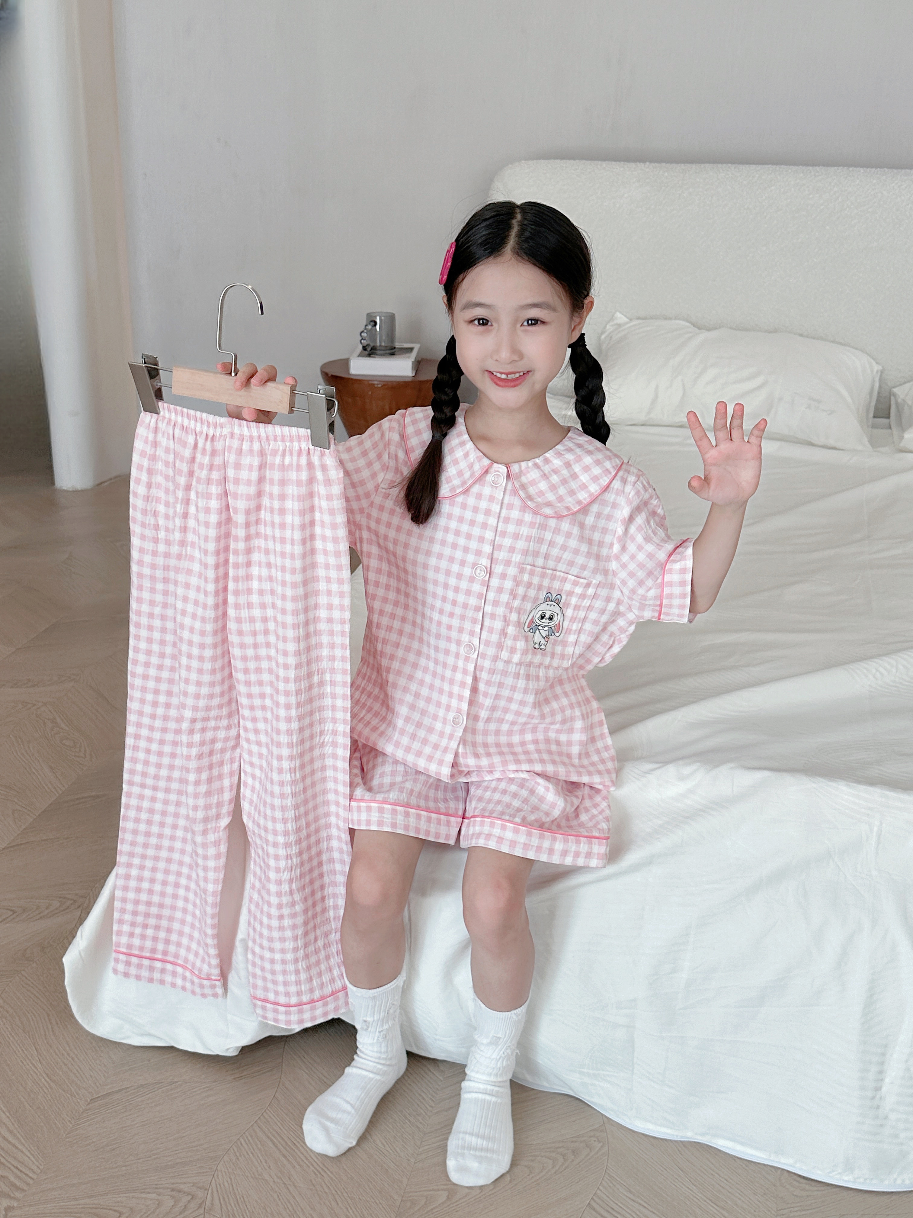 女童云朵棉睡衣夏季薄款短袖三件套装小女孩公主风夏天儿童家居服