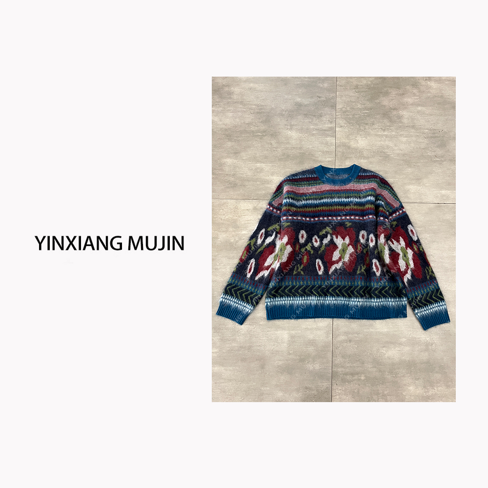 【YINXIANG MUJIN】彩色花毛衣 时尚撞色圆领套头羊毛衫女宽松上衣