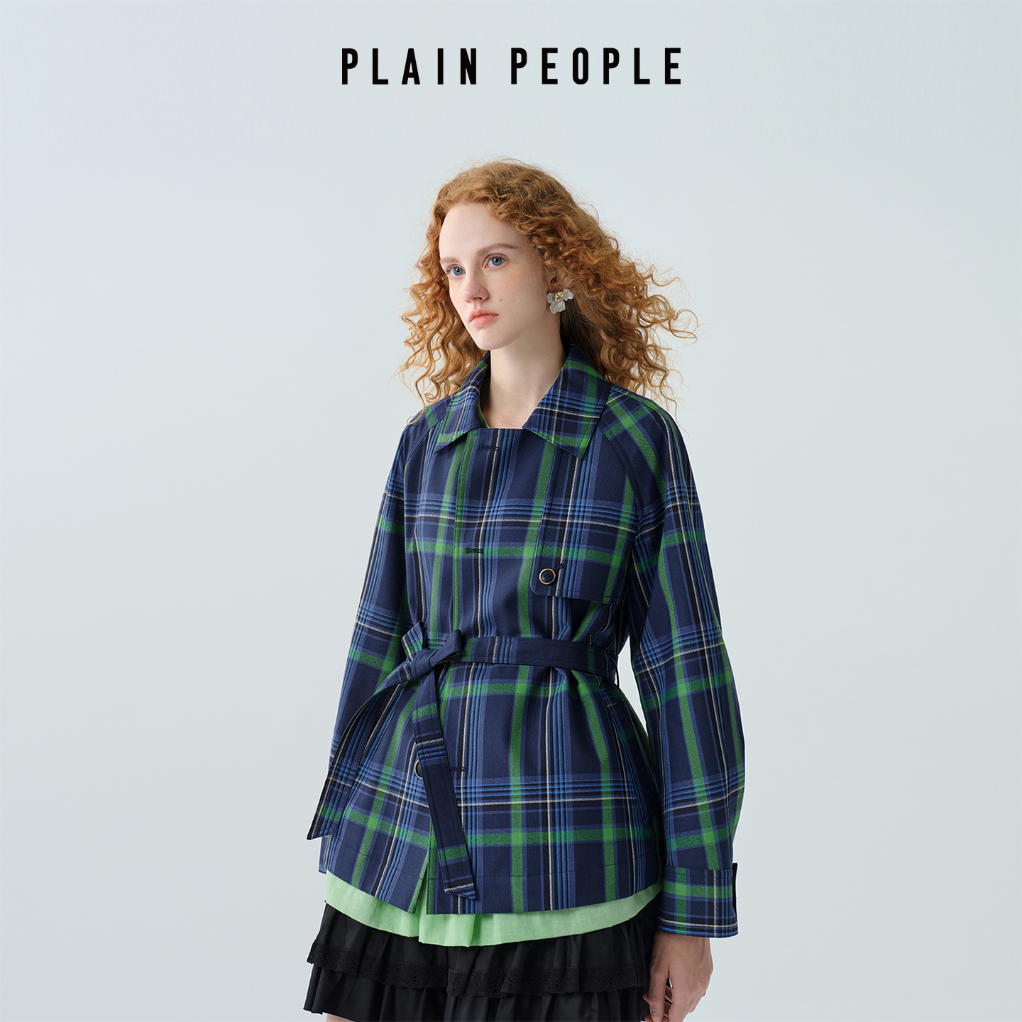 PLAIN PEOPLE复古学院格纹休闲腰带翻领风衣短外套女2025秋季新款