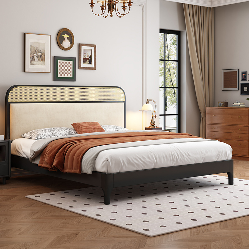 北欧藤编床黑色实木床法式双人床民宿侘寂复古风原木中古卧室家具