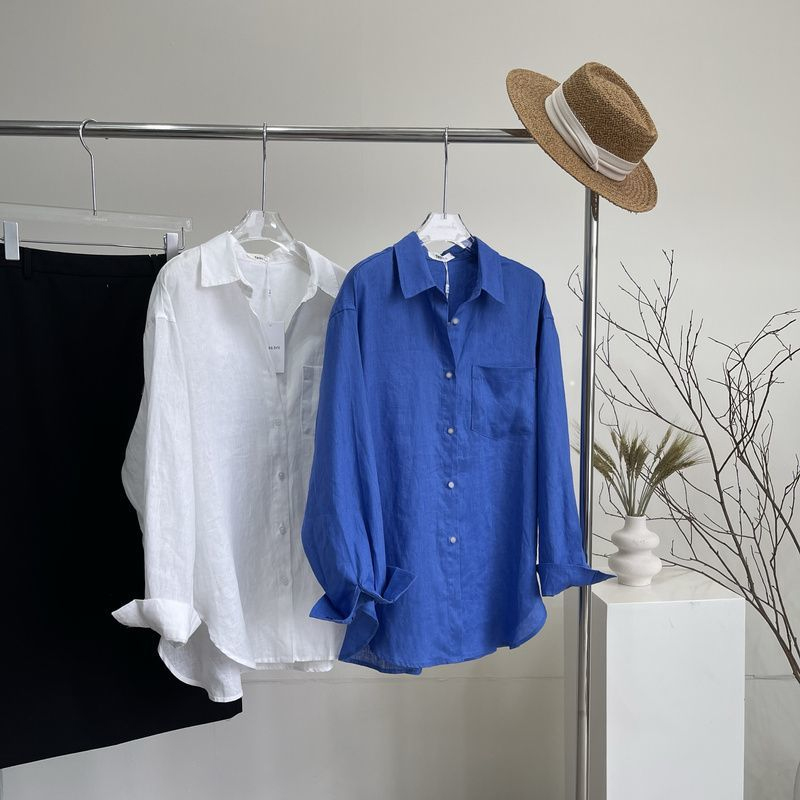 夏季新款棉麻气质长袖衬衫上衣气质廓形落肩夏季宽松森系防晒开衫
