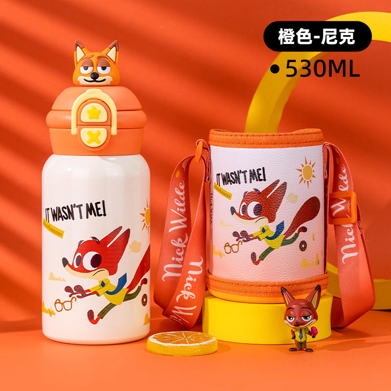 正版500ML便携迪士尼学生316内胆高颜值大容量斜挎吸管不锈钢杯