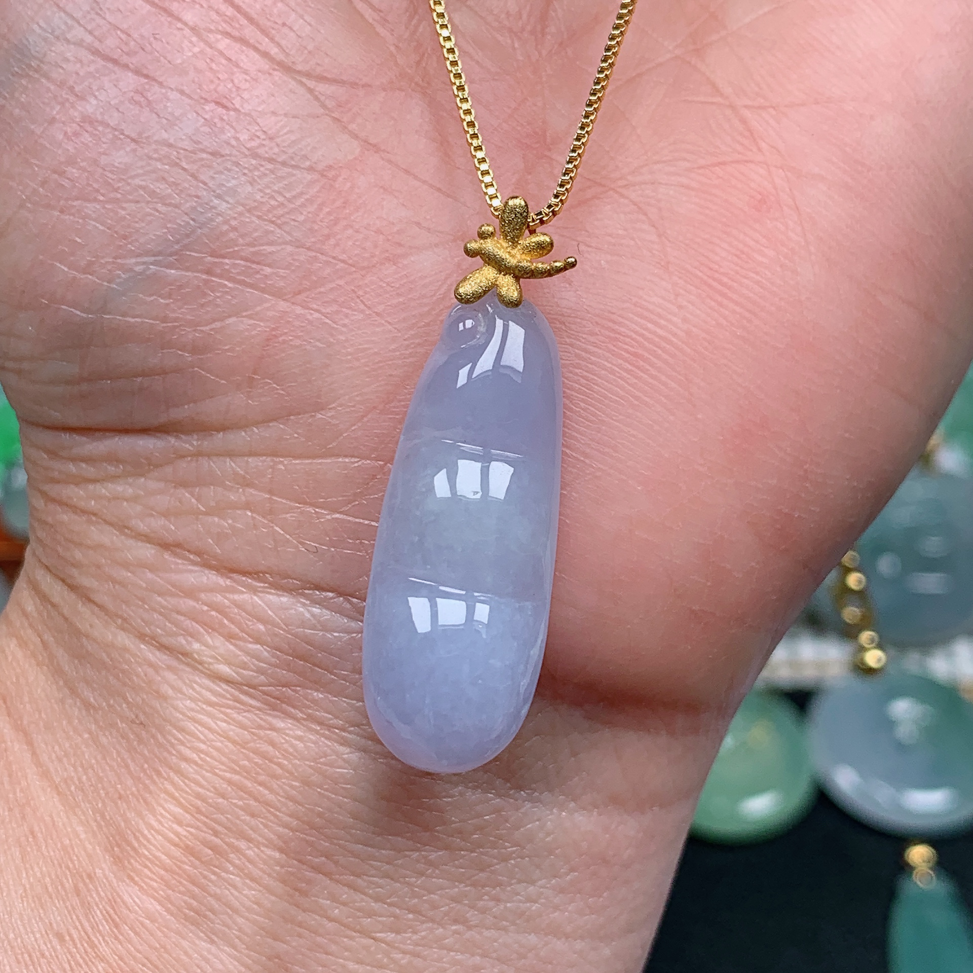 缅甸天然翡翠A货 18k金镶紫罗兰福豆吊坠11/119尺寸30.2x11x6.4