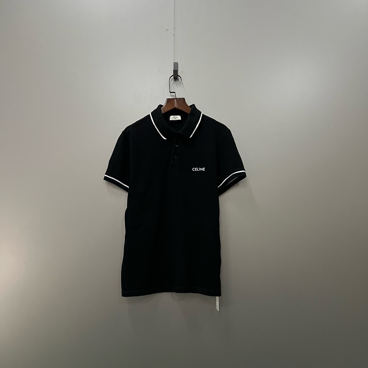 95新 Celine/思琳 （cc）黑色logo刺绣polo衫 M码/300878/修复