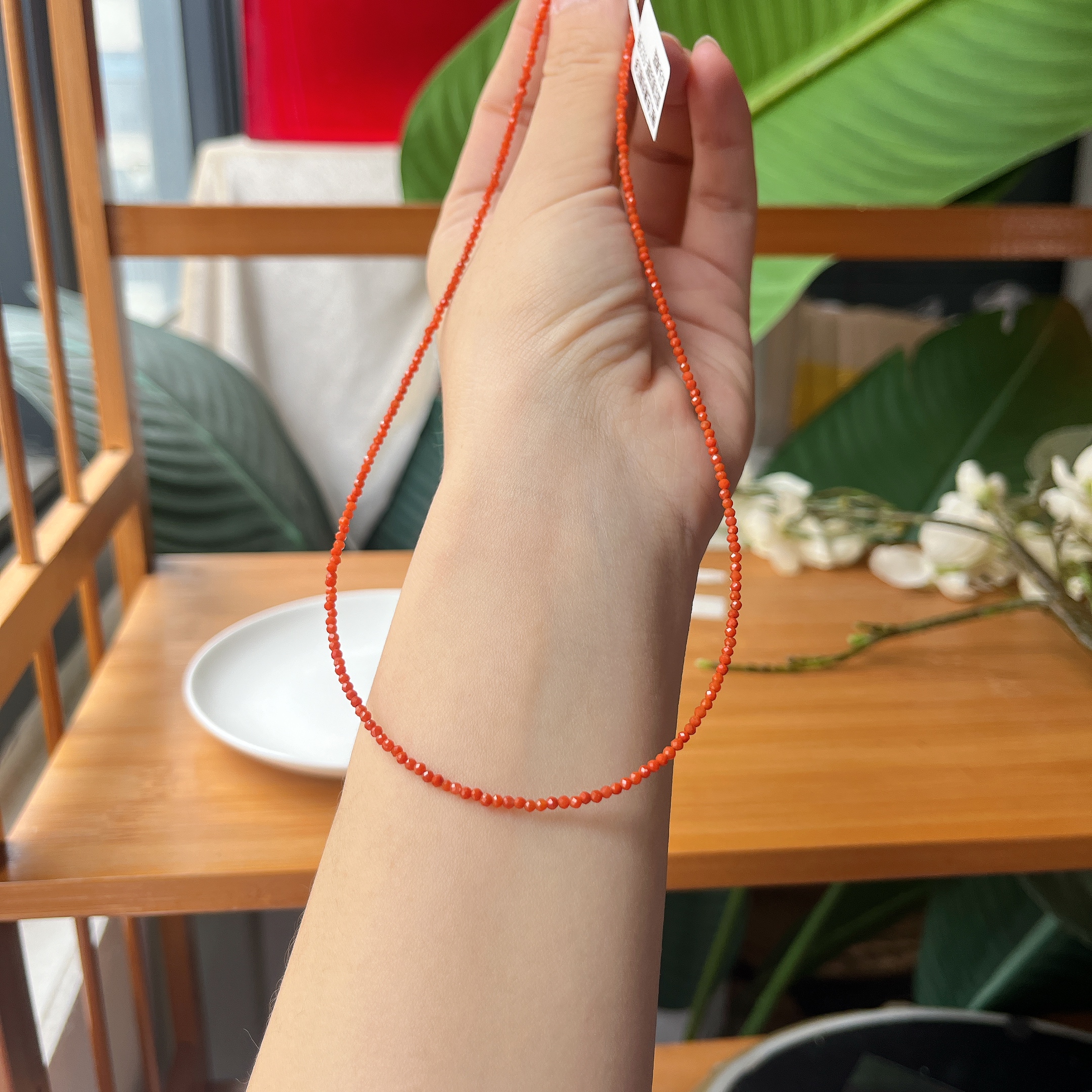 【郭老师】约2mm锦红色满肉南红多面切割项链银扣头尾链约40+2cm