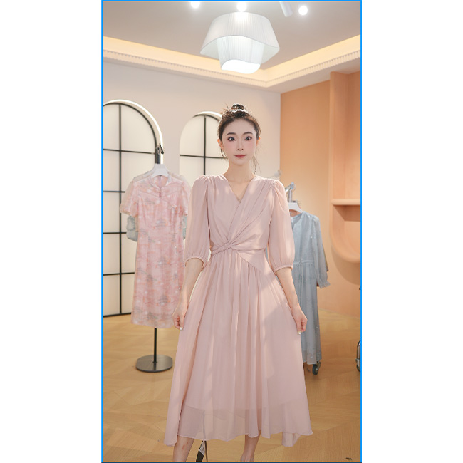 L8773 2025年春夏新款V领气质减龄优雅收腰显瘦中长款连衣裙