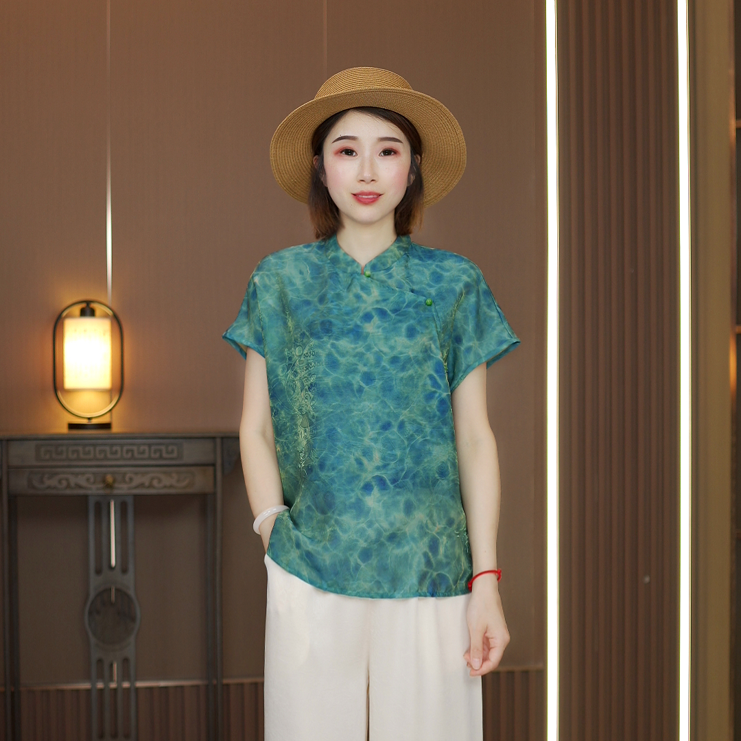 【小雅原创】（蓝眼泪）时尚经典严选新中式盘扣国风落肩上衣