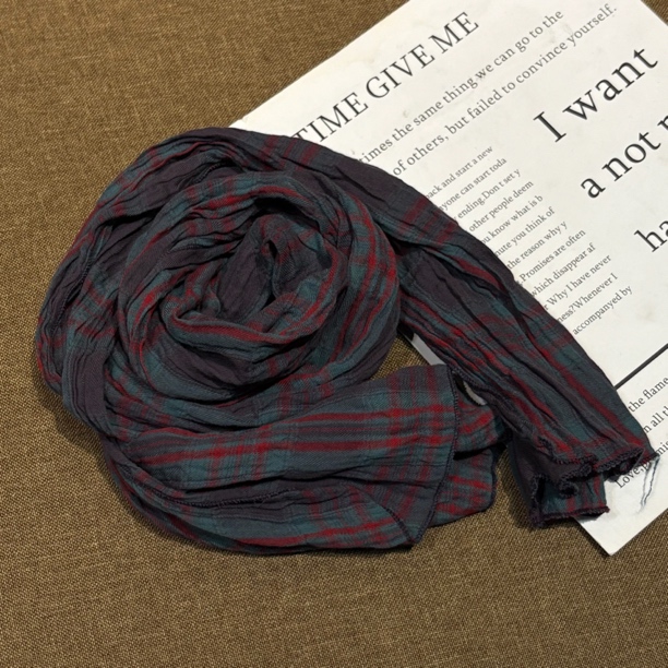 梅家2025新款复古文艺格纹褶皱柔软百搭围巾