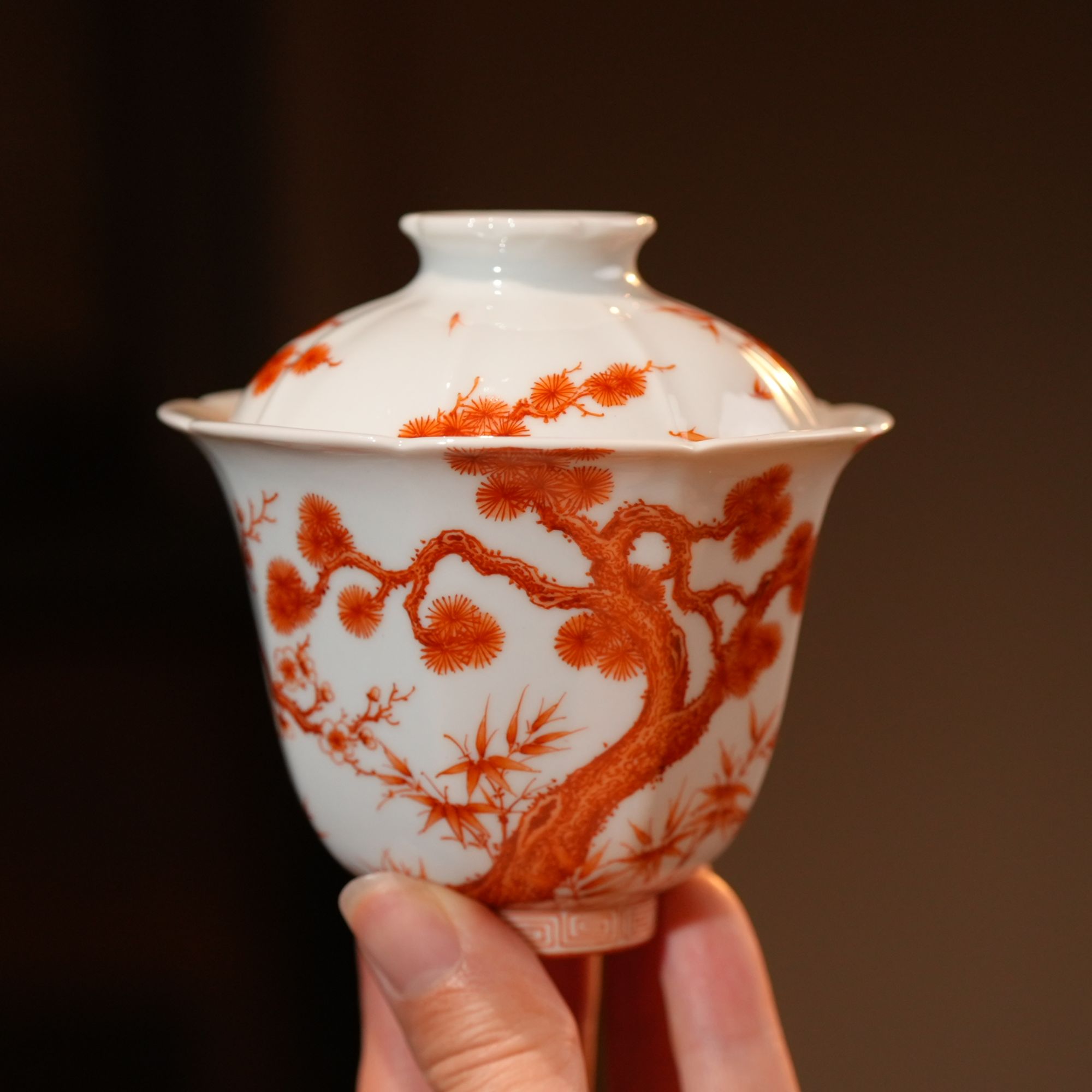 团窑老矾红松竹梅六方盖碗岁寒三友泡茶盖碗高端茶器岩茶精致茶具