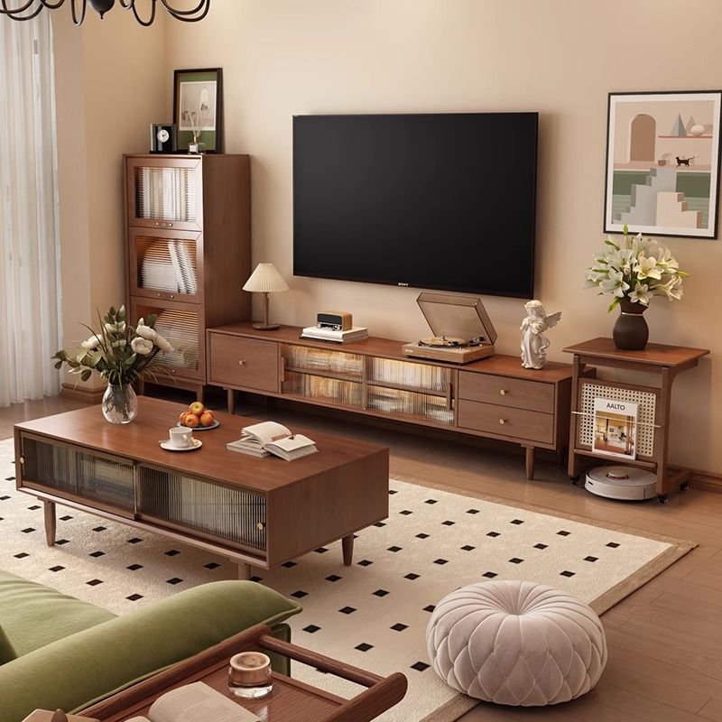 朕庭实木电视柜中古风落地收纳储物一体客厅家用胡桃色落地柜边柜