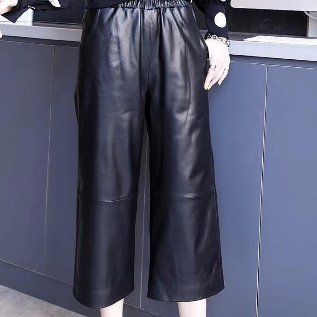 真皮牛皮高腰腰阔腿八分裤女士休闲时尚百搭显瘦皮裤