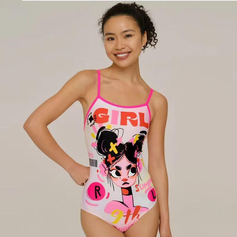 丸子头甜美连体泳衣女甜辣妹竞速粉色少女泳衣连体可爱卡通泳衣