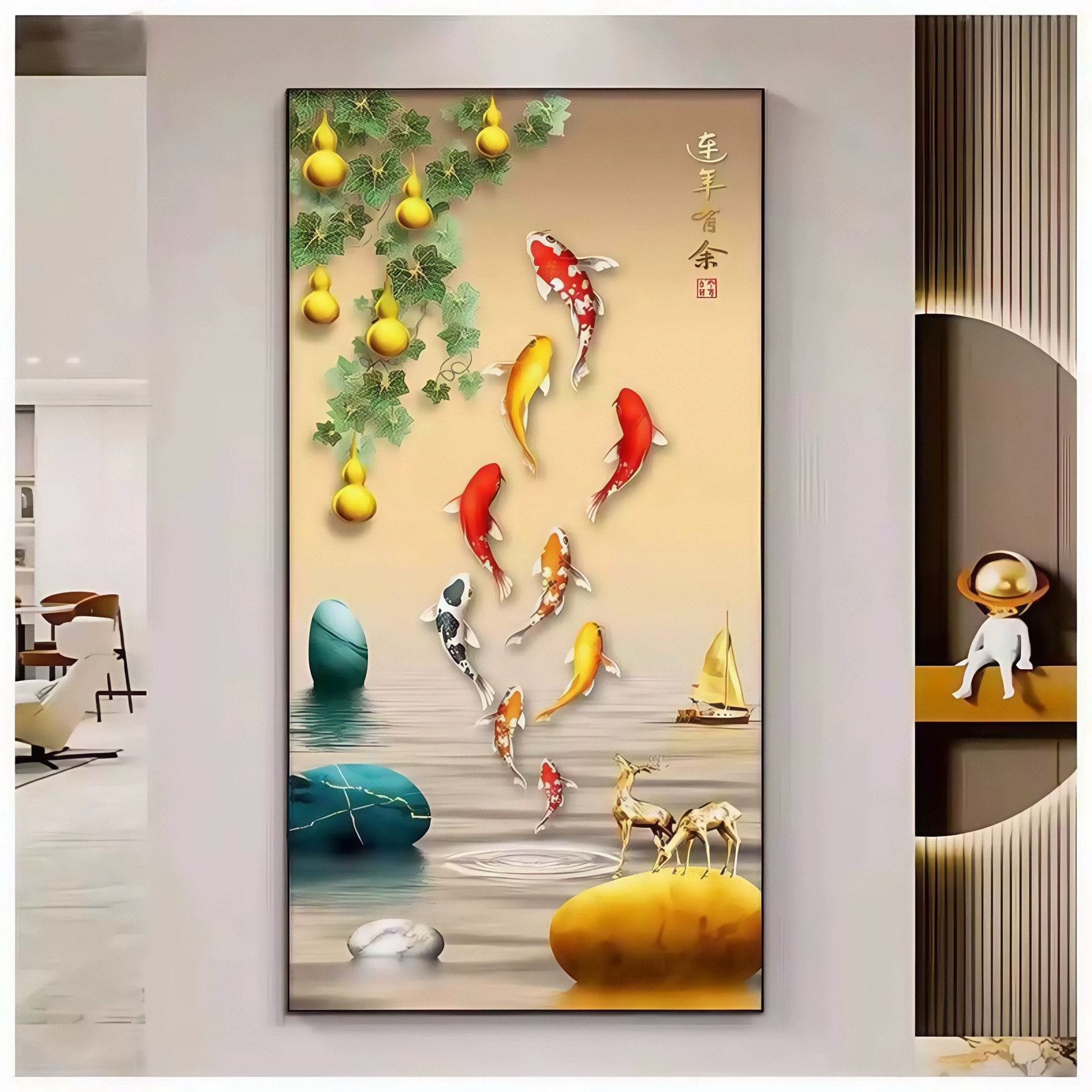 新中式荷花九鱼图玄关装饰画入户正对墙面挂画旺运走廊过道壁画