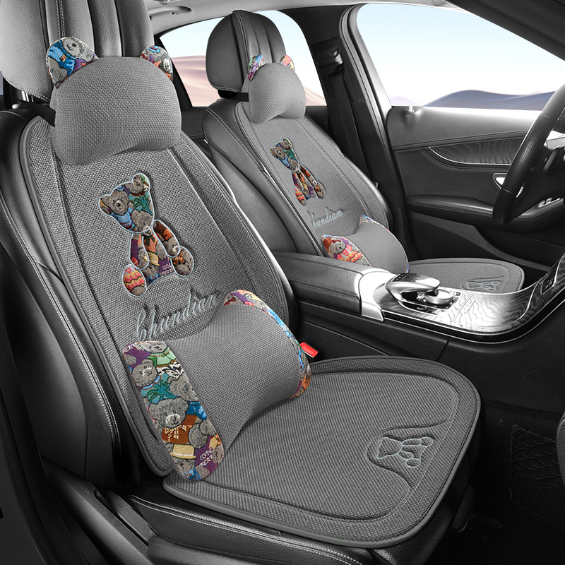 新款四季棉麻花熊四季通用可爱卡通汽车坐垫防滑坐垫