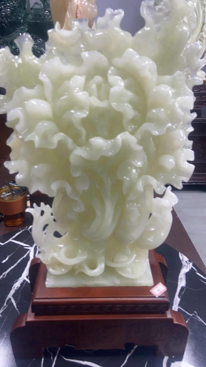 伊朗中东矿脉青白玉石雕刻立地生财白菜家居摆件中式手工玄关客厅