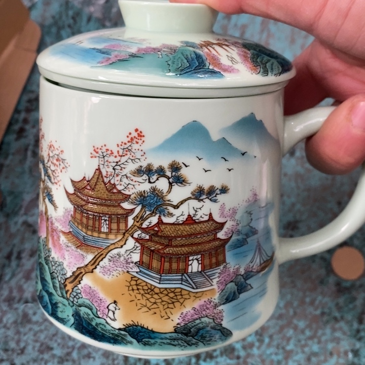摆件陶绿稀土彩山水办公杯 带茶漏