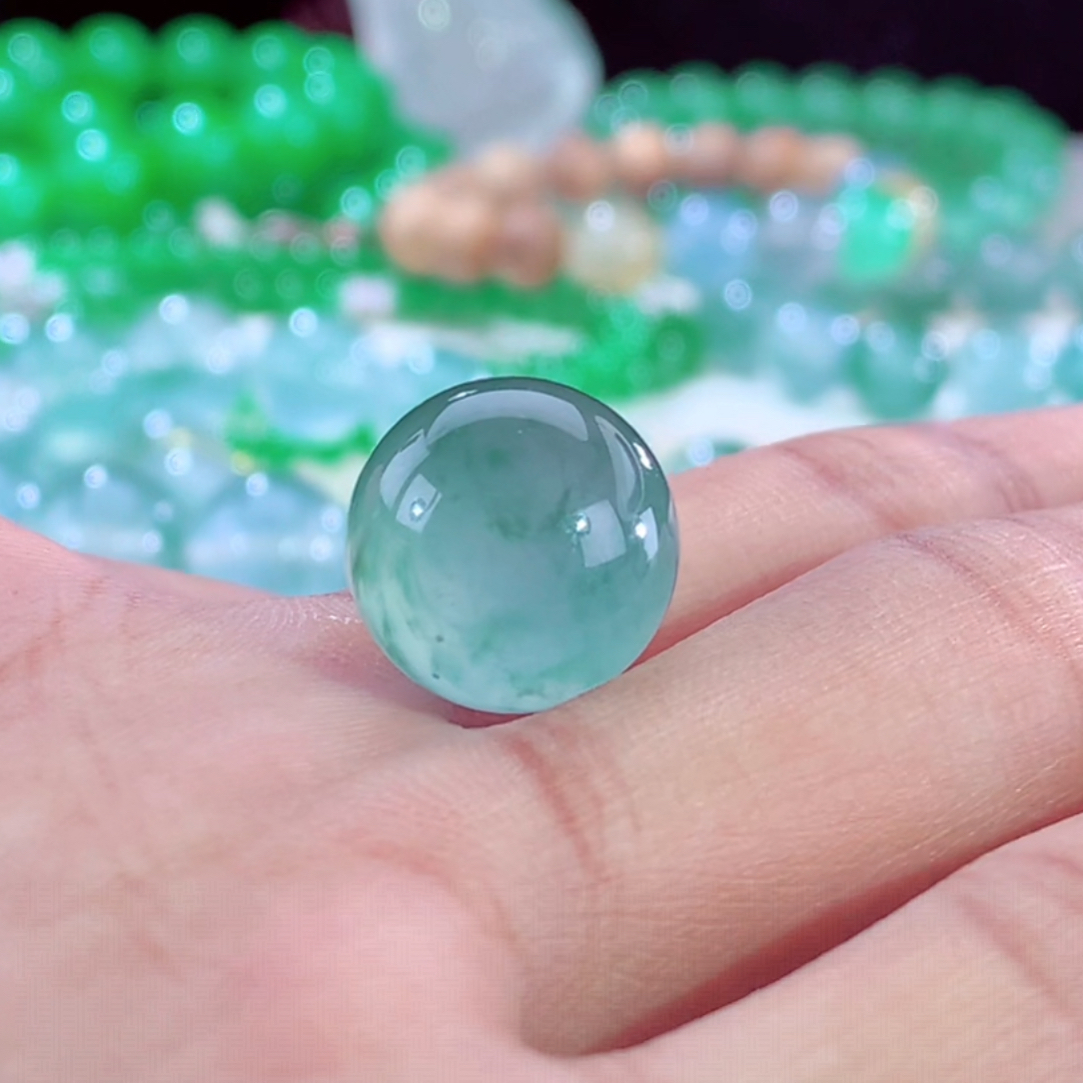 天然缅甸翡翠A货玻璃种蓝纲飘花单珠卡15mm