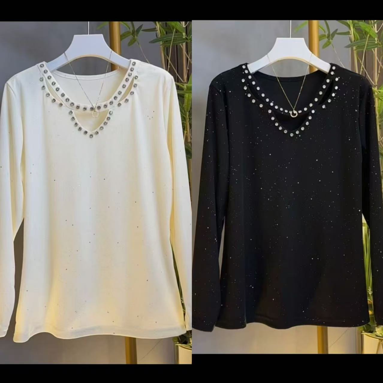 LL琳大码V领长袖打底衫新款轻奢高端亮片设计大码减龄上衣3261