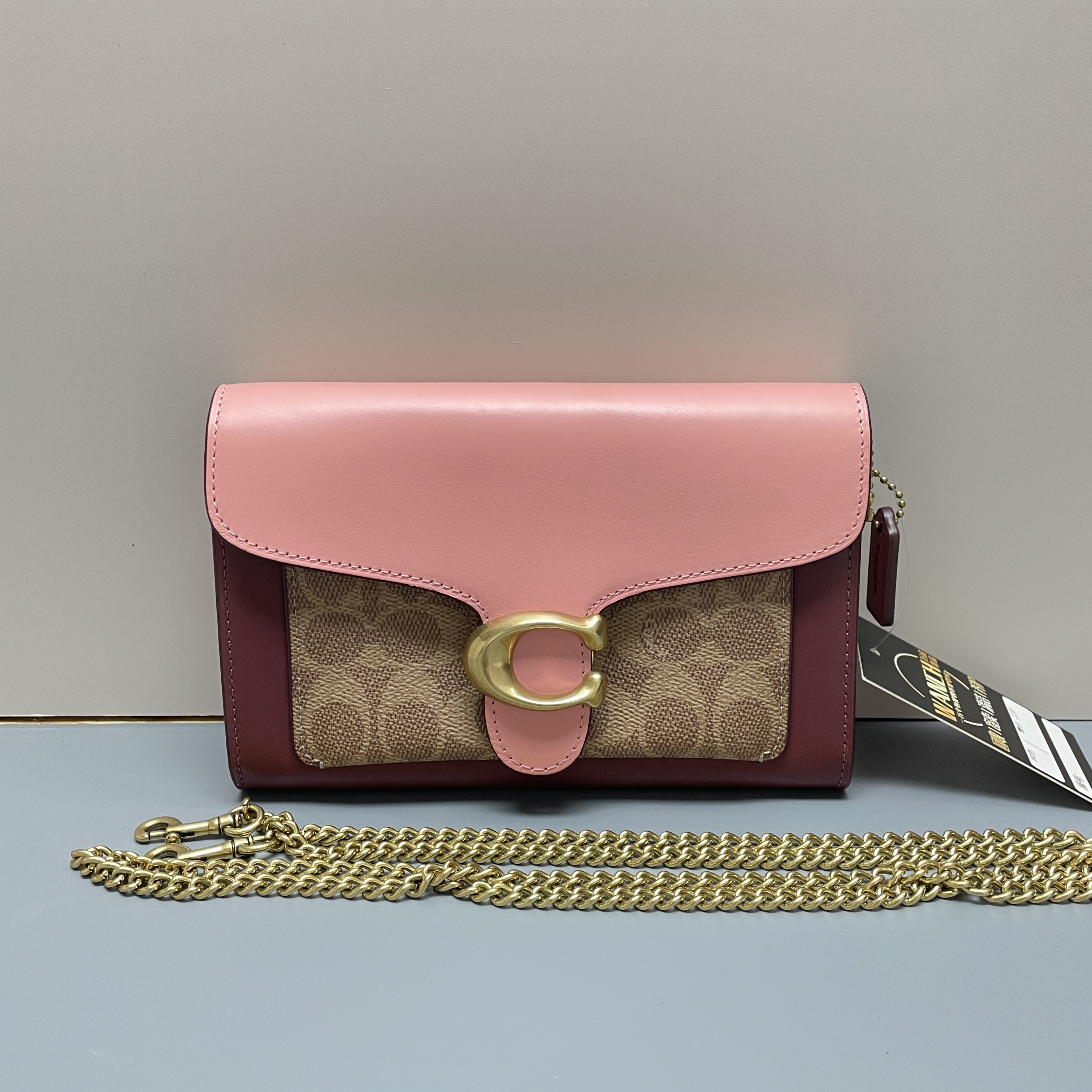 99新 COACH/蔻驰 tabby20粉红拼老花链条包20*13*3cmM122410