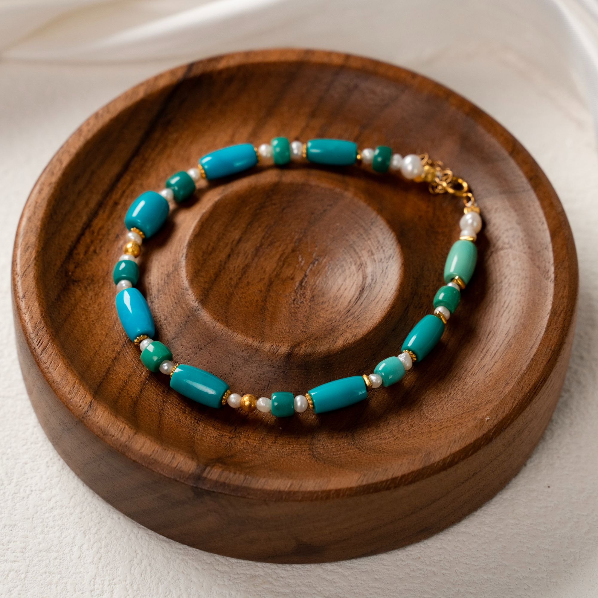 大喻家原创设计原矿绿松石扁珠手链3.8mm