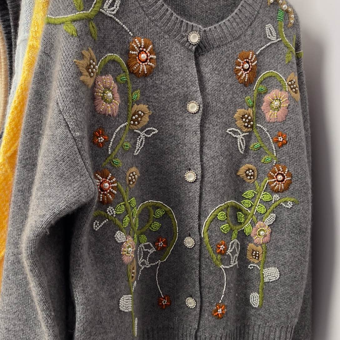 专柜 手工 钩花 羊绒 开衫 灰色