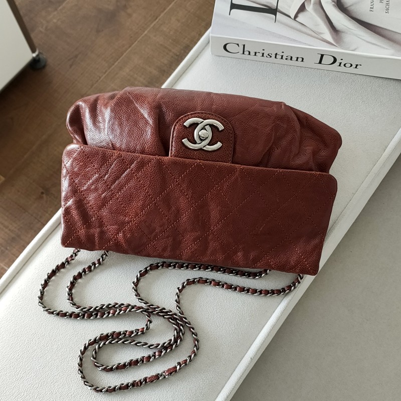 95新 Chanel/香奈儿 Azul- 棕红色荔枝皮CF腋下包/52632