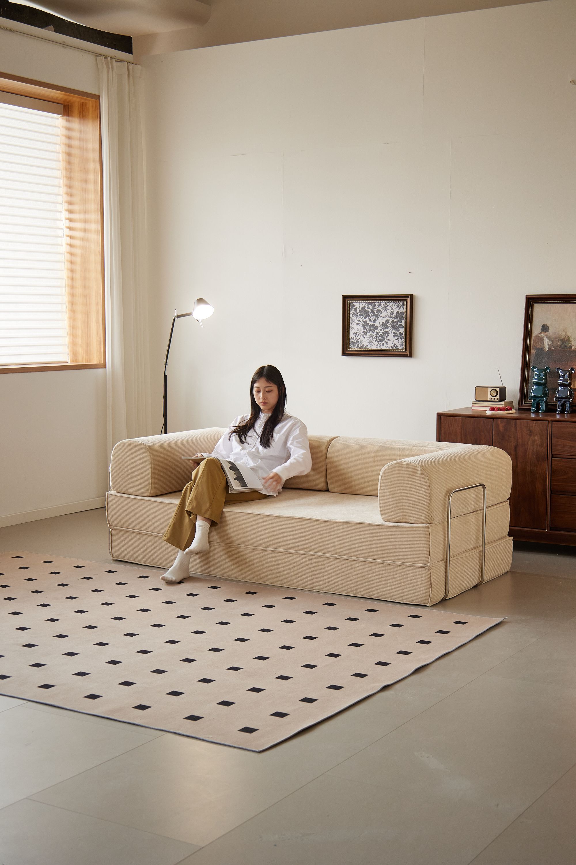 Joey新款中古风灯芯绒沙发模块客厅1.8m折叠两用泰迪熊布丁沙发床