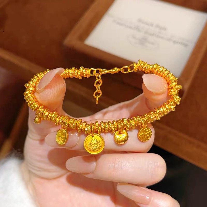 铜合金手链 新中式国风胖福黄财神两世欢盘缠手链福字金坨坨手串