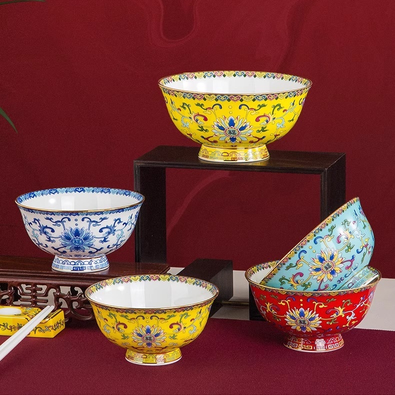 景德镇陶瓷珐琅彩缠枝莲描金高脚饭碗面碗防烫家用中式餐具宫廷风