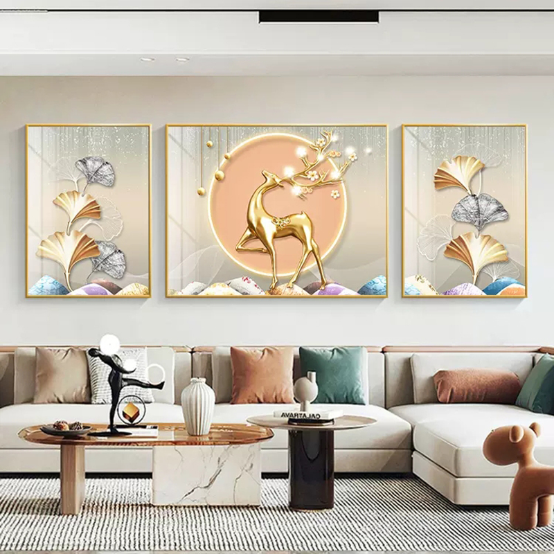 新款客厅钻石画满钻现代简约大气麋鹿轻奢高档三联画点贴砖十字绣