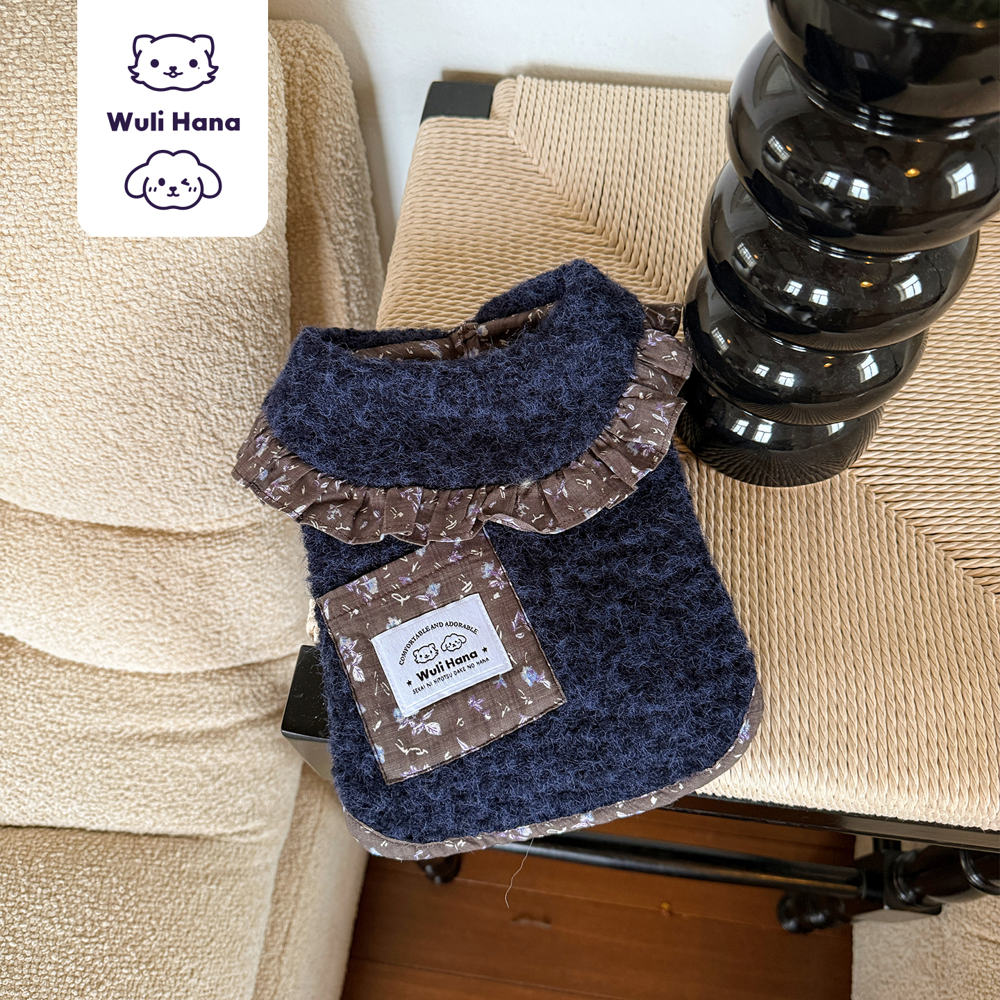 WuliHana秋冬新款宠物衣服狗狗翻领花边猫咪毛绒碎花马甲公主保暖