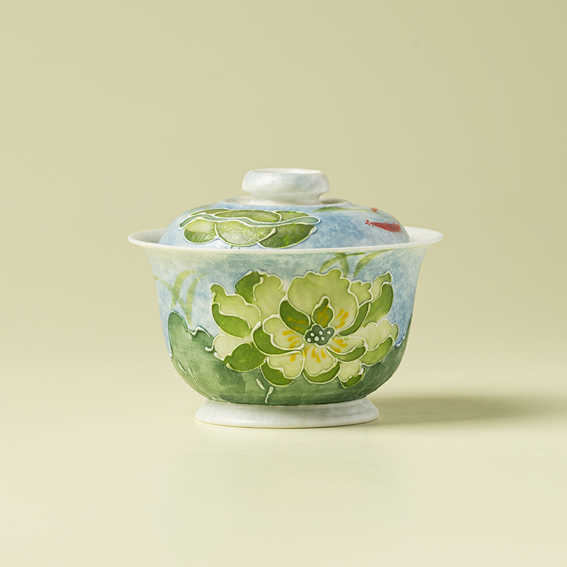 赞朴高足盖碗茶杯陶瓷荷畔映波蓝女士不烫手泡茶碗田园风功夫茶具