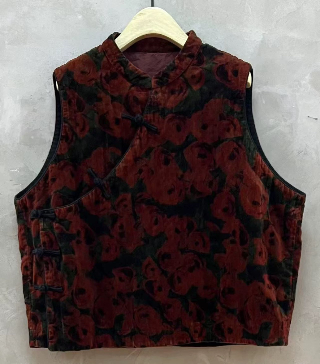 复古花色盘扣偏襟纯棉绒双层马甲（衣长60胸围128）古兰木