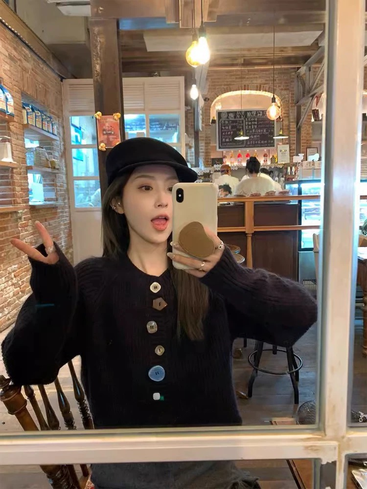 【高定原版】设计感小众不规则彩扣针织开衫毛衣外套女秋冬新款上衣