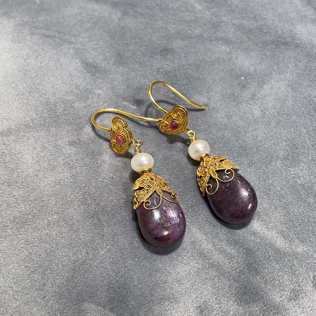 耳饰银S925镀金镶嵌红宝石