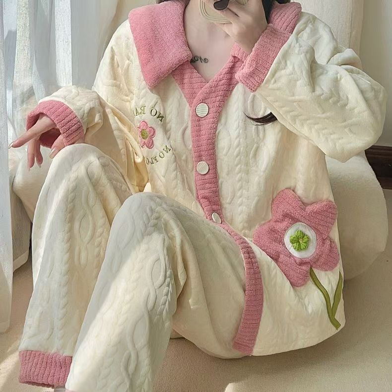 秋冬季睡衣小香风空气棉可外出居家服套装粉色花花