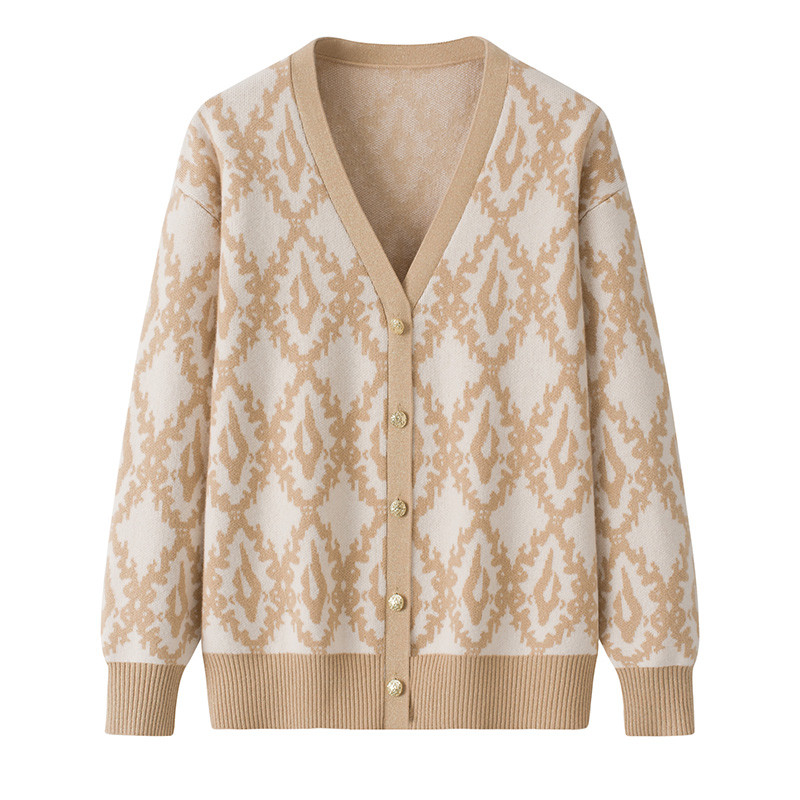 内蒙古秋冬新款大v领纯羊毛衫针织开衫提花工艺宽松百搭时尚绒衫