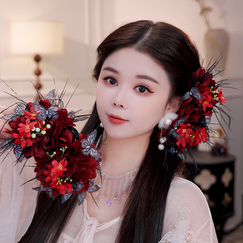 凤凰台上鲨鱼夹立体花朵薄纱蝴蝶羽毛发饰原创氛围感后脑勺抓夹女