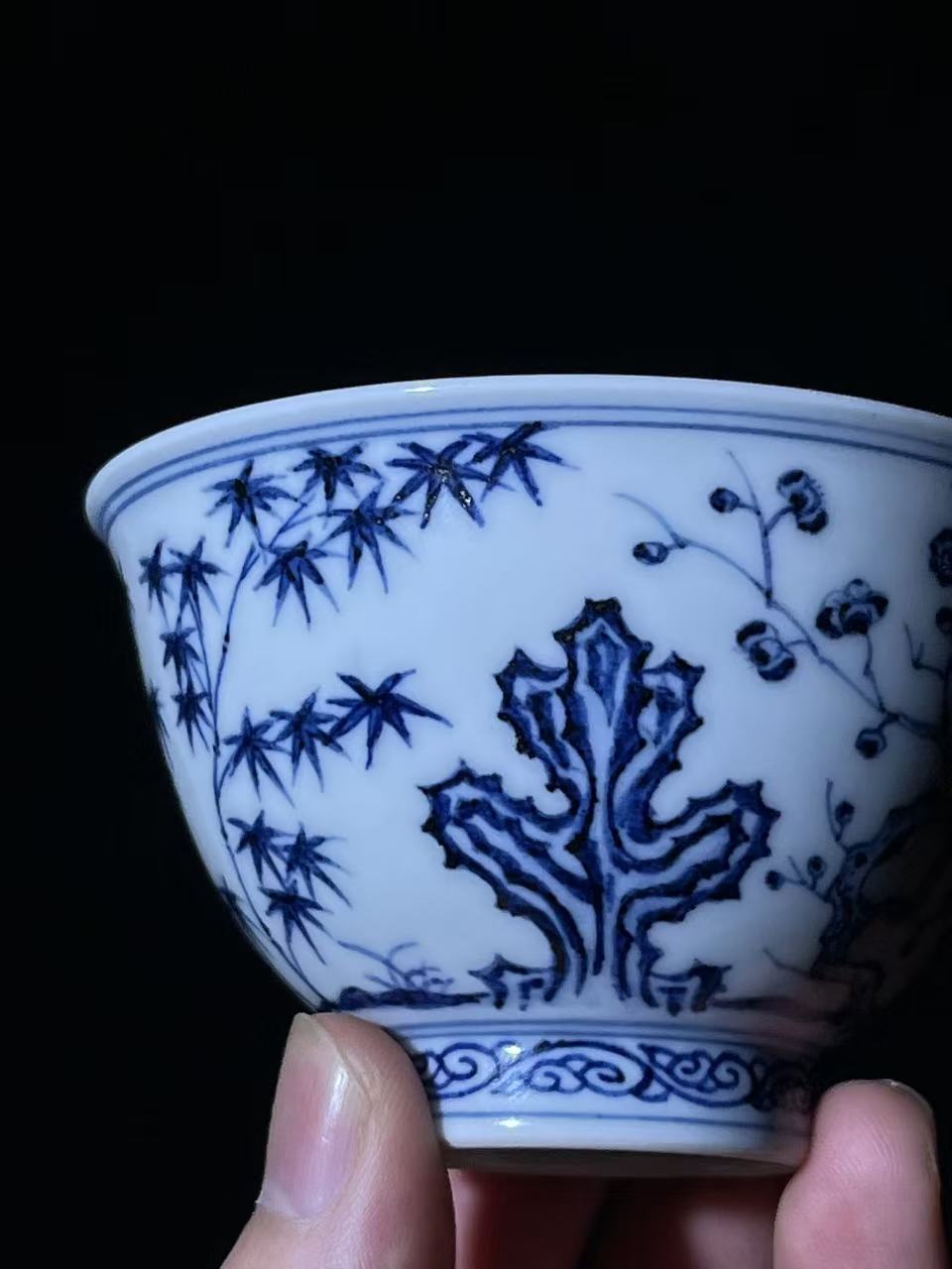 仿古瓷 汀蓝手作纯手工手绘明式松竹梅单杯